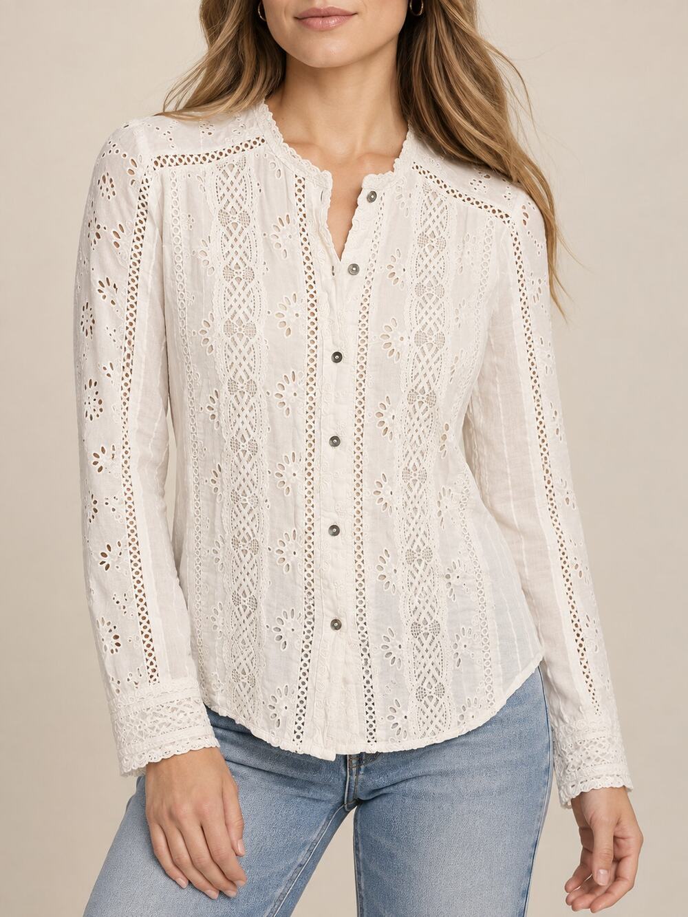 Sundance Blouse Top Womens S White Eyelet Lace Openwork Long Sleeve Peasant